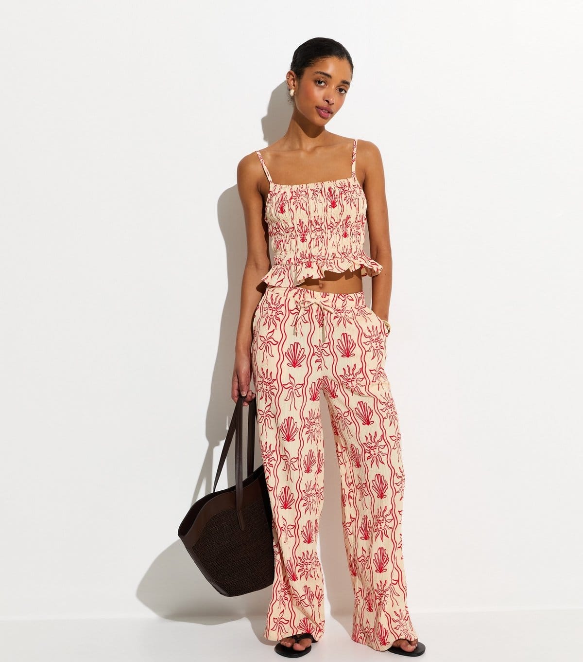 New Look Red Sun Print Wide Leg Beach Trousers