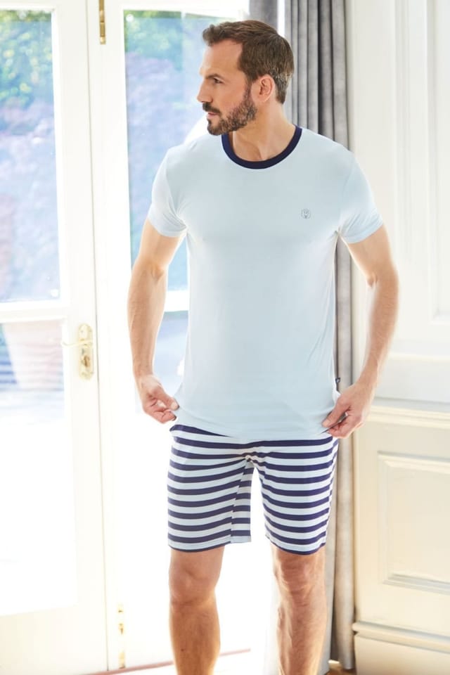 British Boxers British Boxers Men's "Skyline" Stripe Bamboo Short Pyjama Set in Light Blue - 2