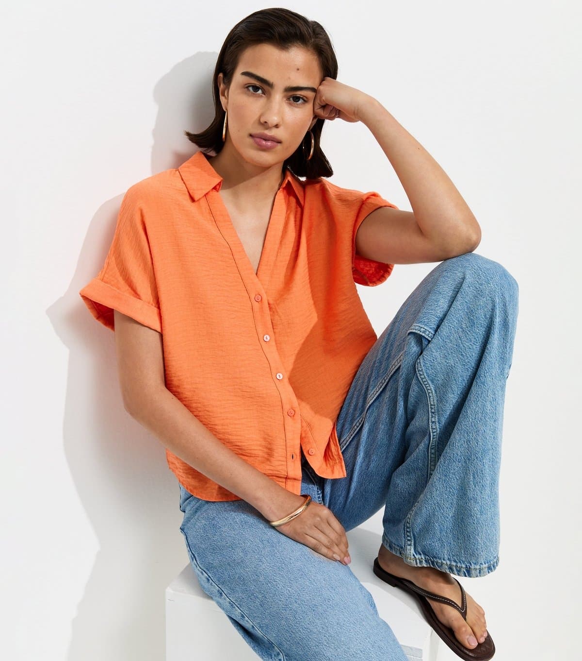 New Look Women's Bright Orange Collared V Neck Short Shirt New Look