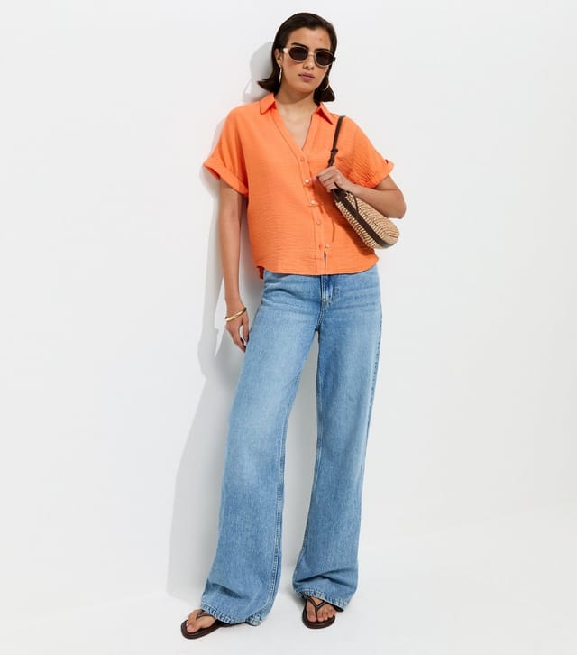 New Look Women's Bright Orange Collared V Neck Short Shirt New Look - 2