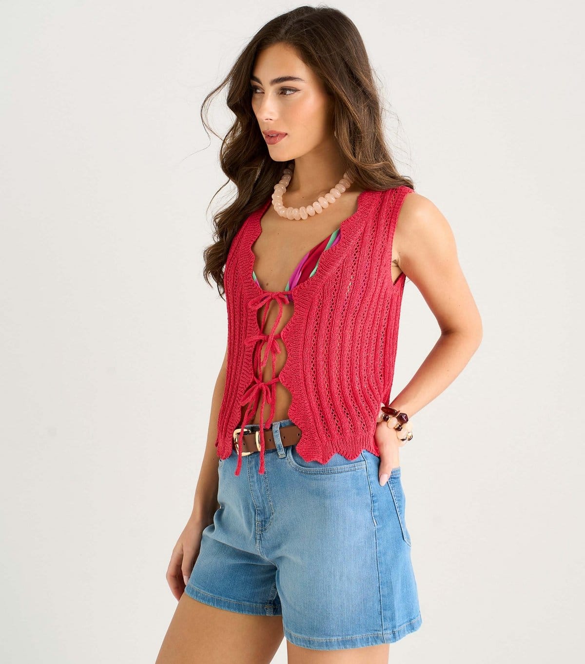 Gini London Women's Dark Pink Scallop Crochet Waistcoat Gini London New Look - 4