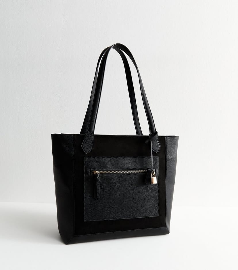 Unknown Black Faux Leather and Suede Lock Charm Tote Bag Vegan New Look - 1