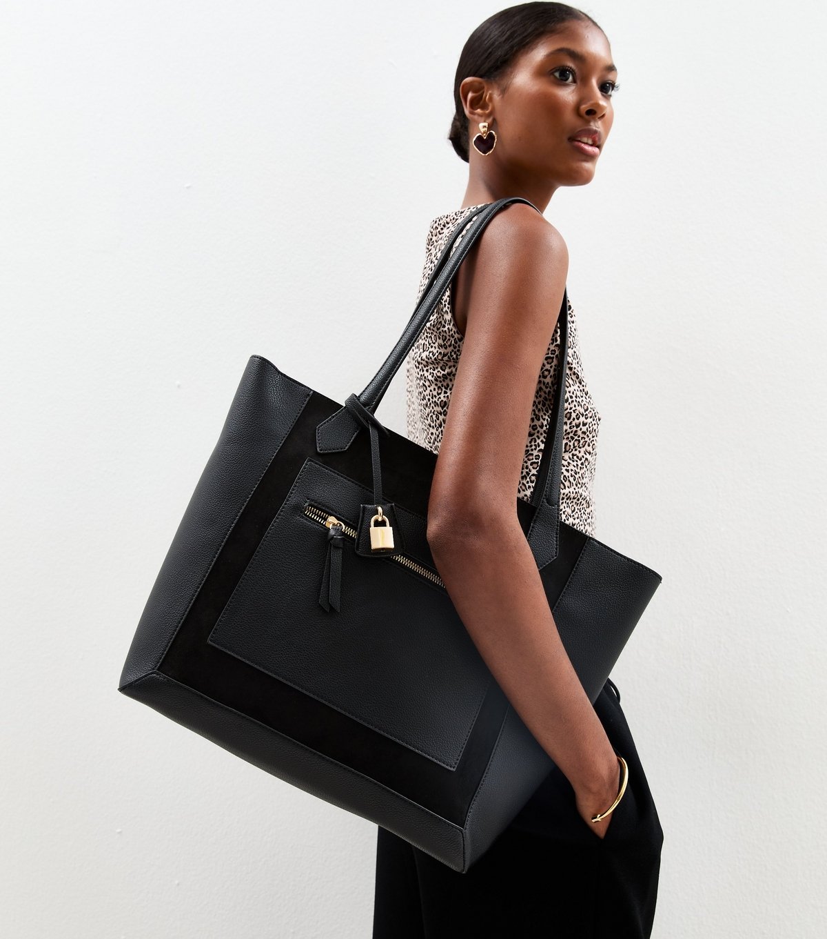 Unknown Black Faux Leather and Suede Lock Charm Tote Bag Vegan  New Look - 2