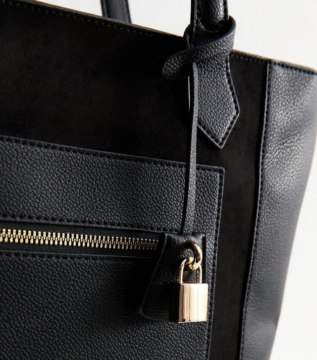 Unknown Black Faux Leather and Suede Lock Charm Tote Bag Vegan New Look - 3