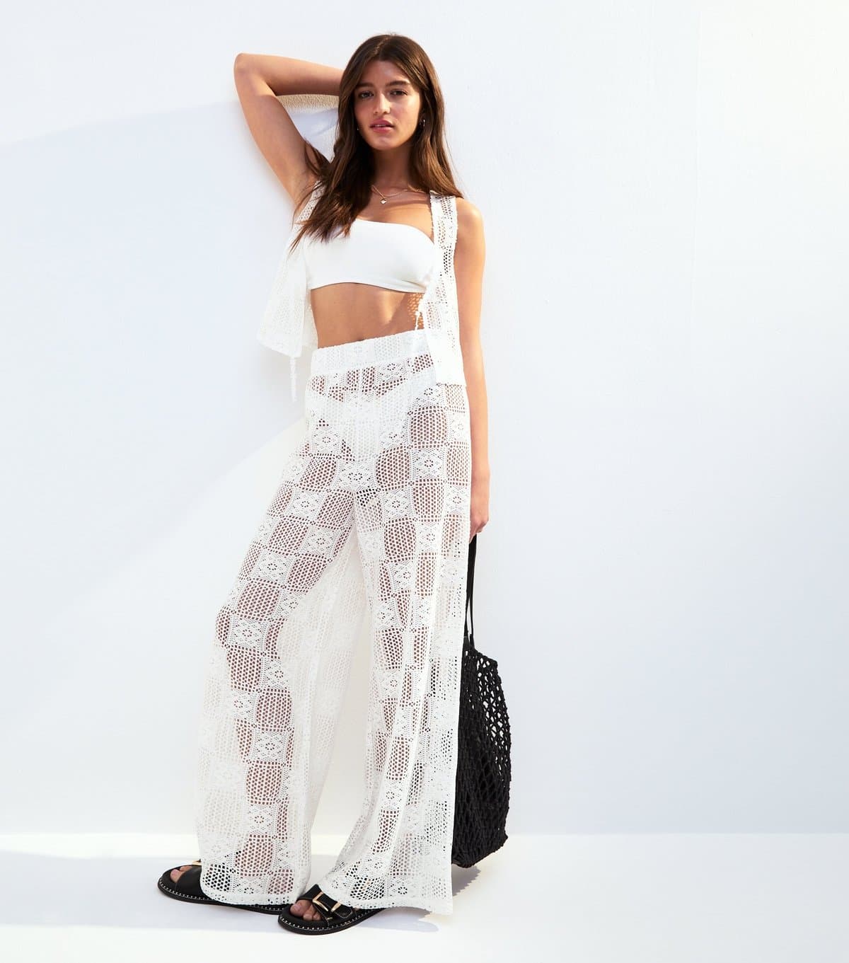 New Look Women's White Crochet Wide Leg Beach Trousers New Look