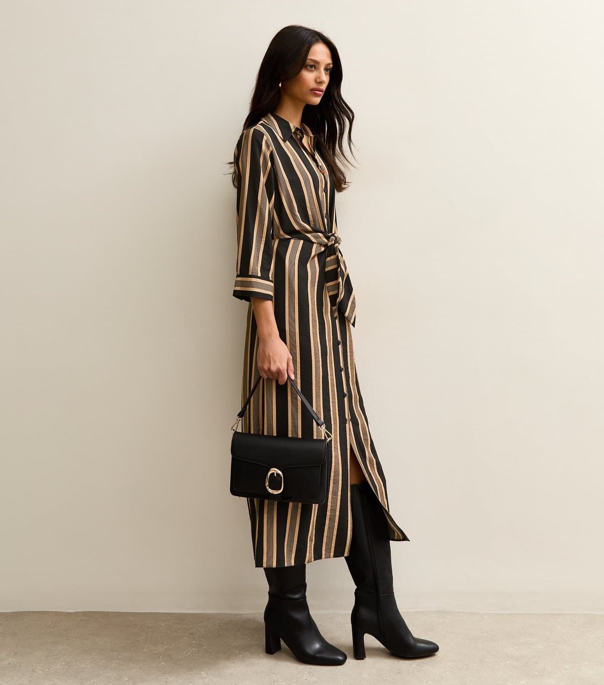 New Look Women's Black Striped Midi Shirt Dress New Look