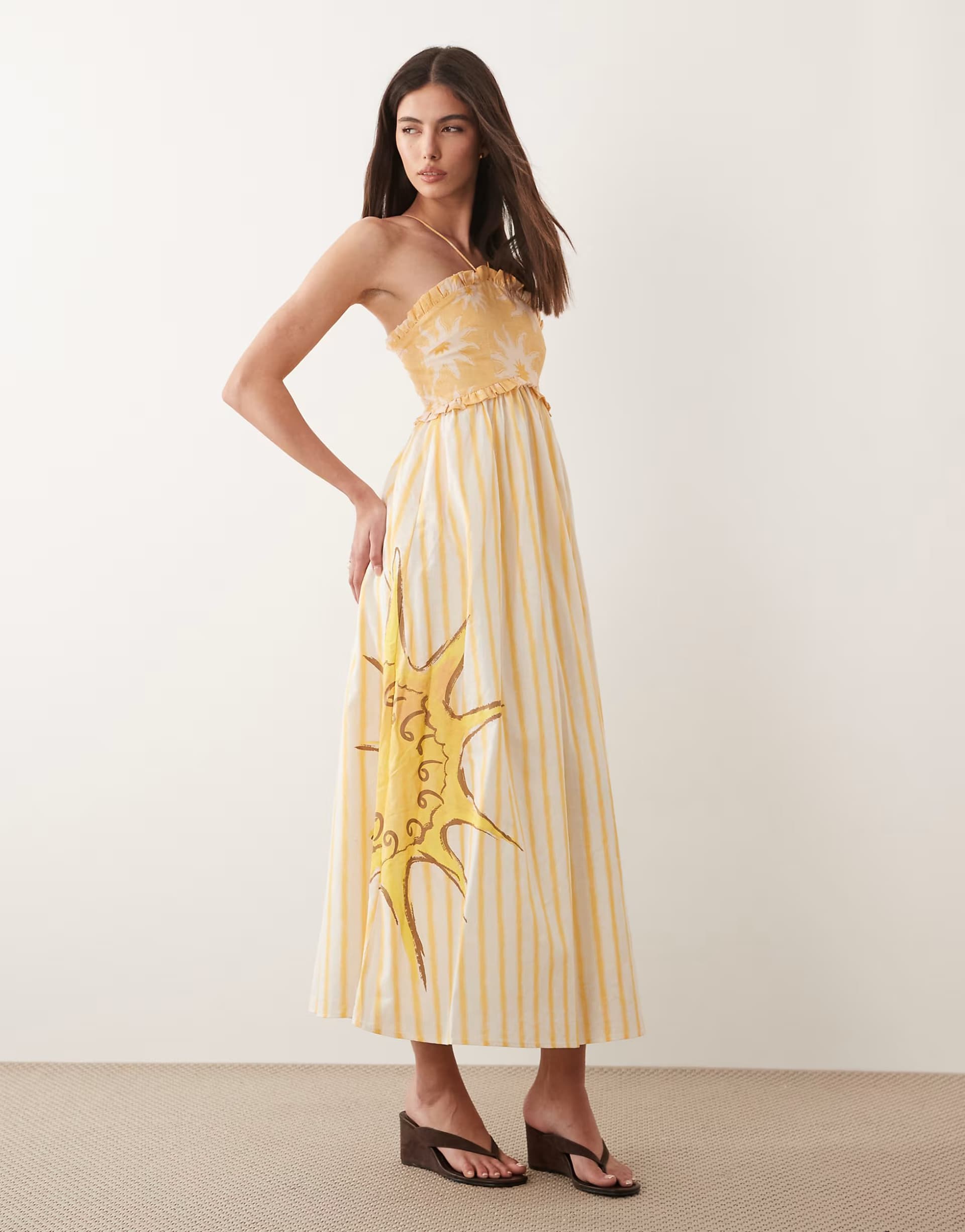 ASOS Never Fully Dressed Ashley cotton halter neck maxi dress in yellow stripe