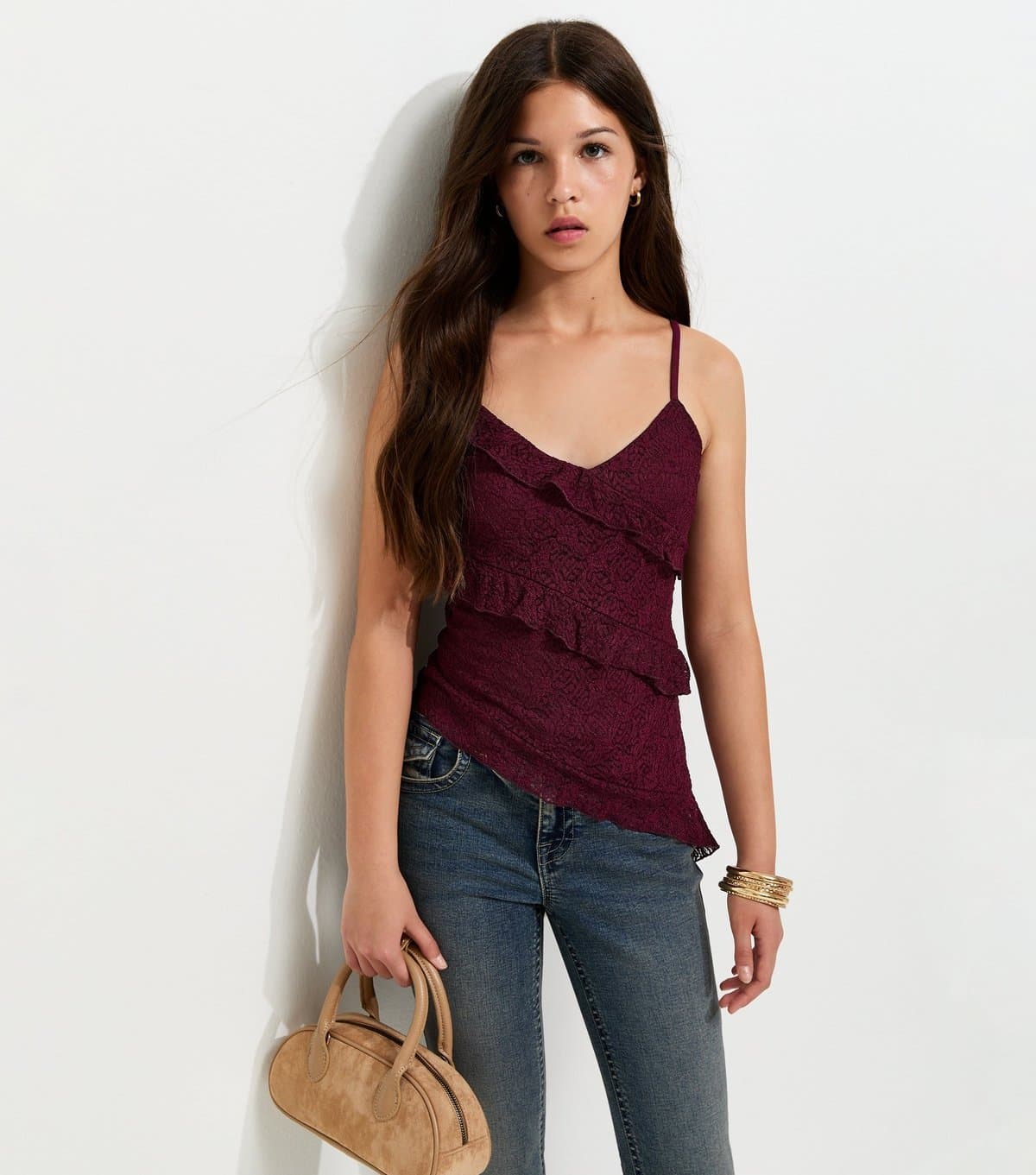 New Look Girls' Dark Burgundy Ruffle Trim Asymmetric Lace Cami Top New Look