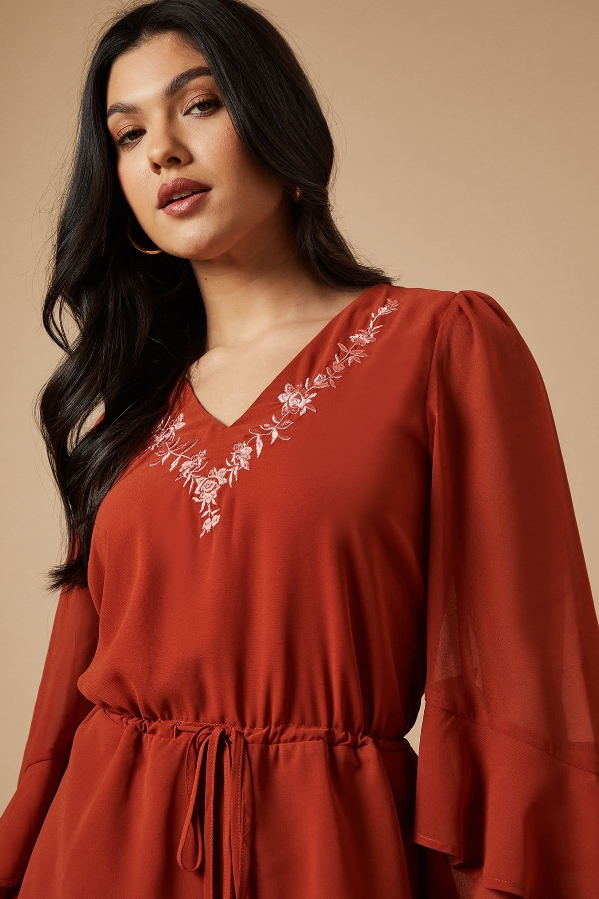 Oasis Oasis Women's Embroidered Ruffle Tier Mini Dress in Rust - 4