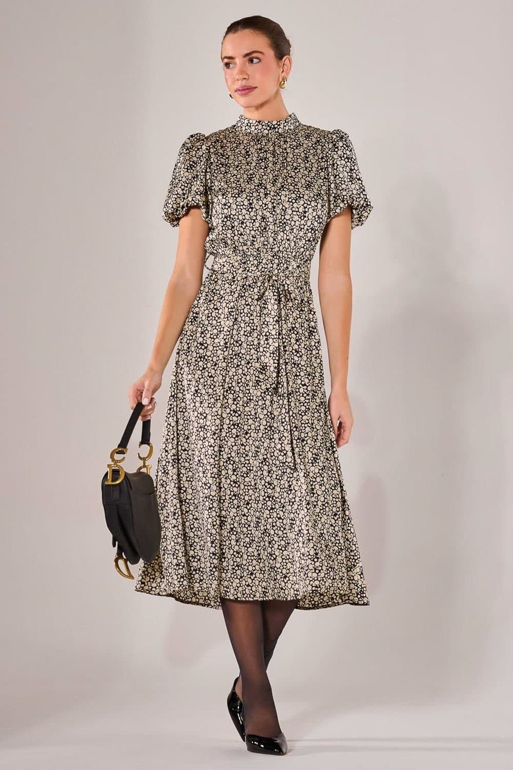 Jolie Moi Jolie Moi Women's Puff Sleeve Tie Waist Midi Dress