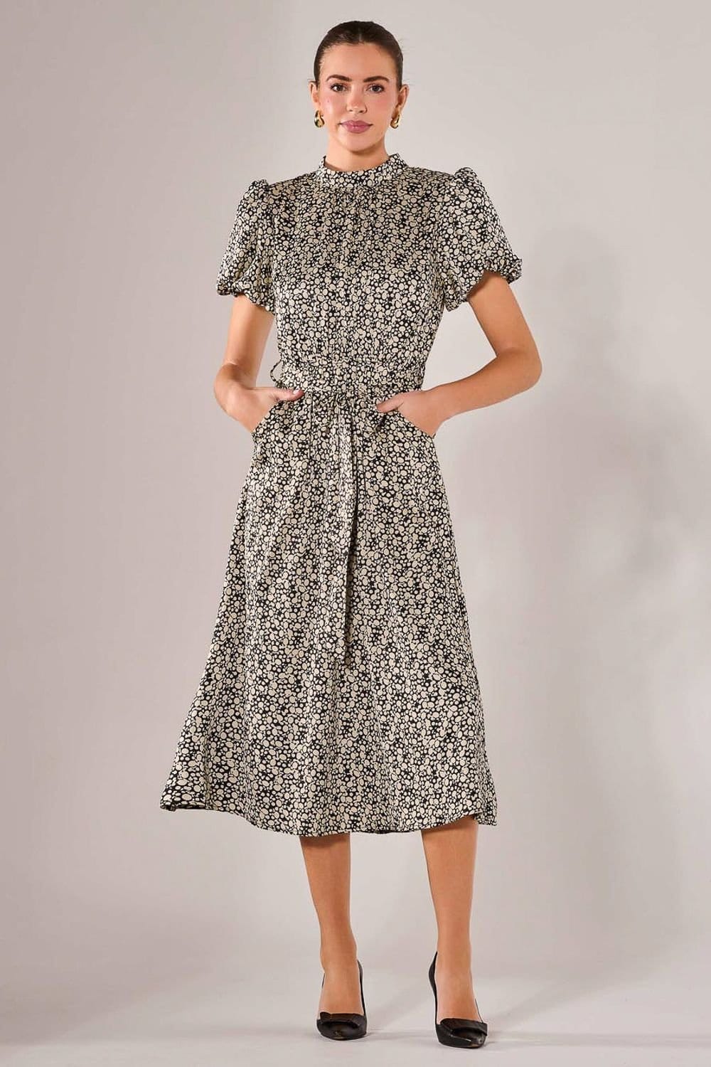 Jolie Moi Jolie Moi Women's Puff Sleeve Tie Waist Midi Dress - 4