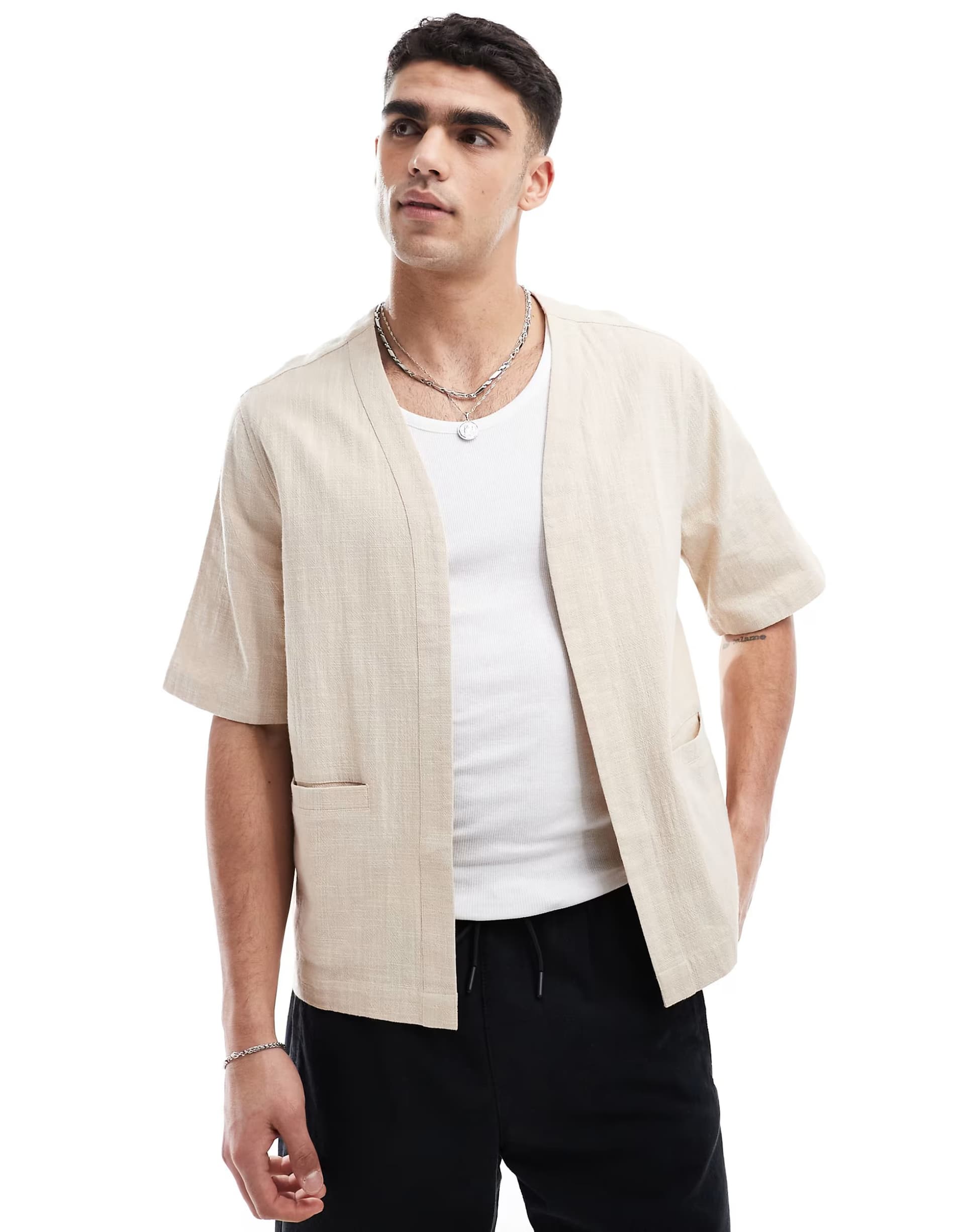 ASOS ASOS DESIGN textured kimono shirt in stone
