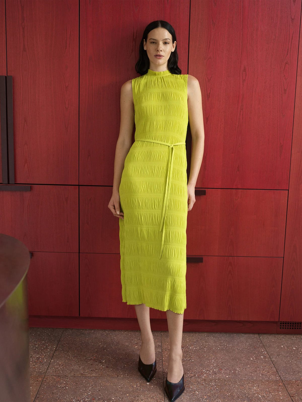 French Connection Reese Green Sleeveless Plisse Tie Waist Midi Dresss Kiwi Green - 1