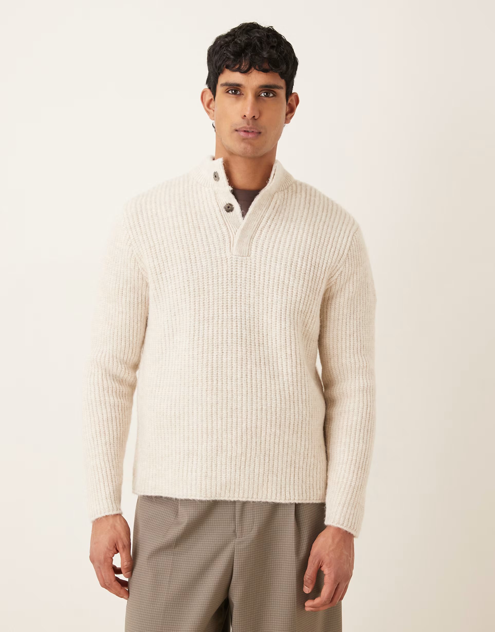 ASOS ASOS DESIGN oversized knitted ribbed funnel neck jumper in ecru - 1