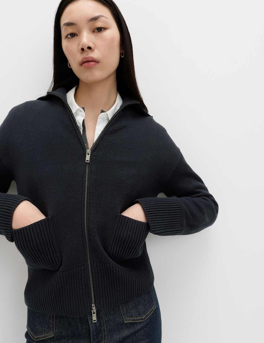 Marks & Spencer M&S Cotton Rich Pocket Detail Collared Knitted Jacket Midnight Navy