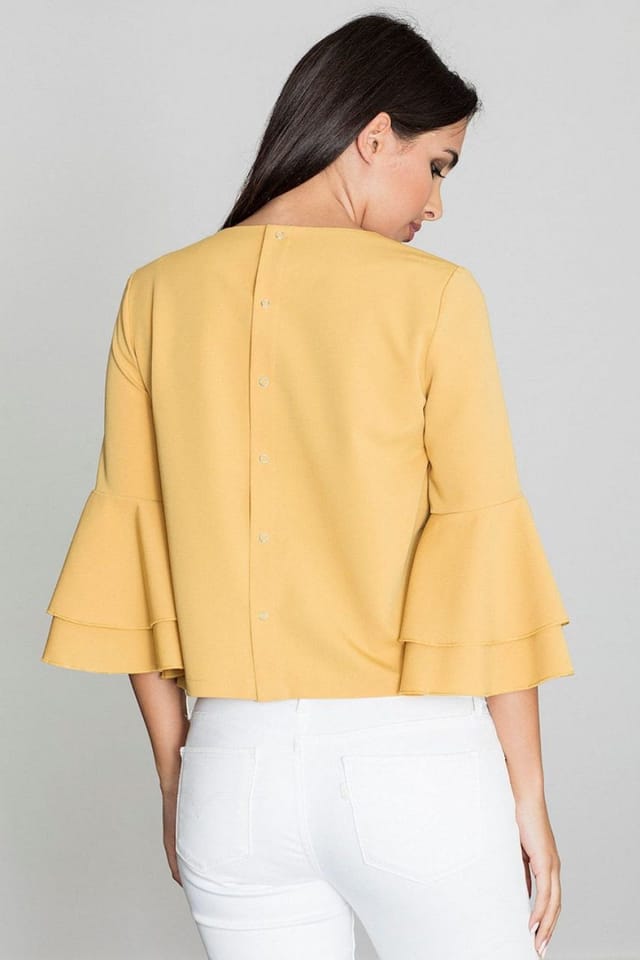 Love Lace Love Lace Women's Delicate Blouse with Back Buttons & Sleeve Frill in Yellow - 2