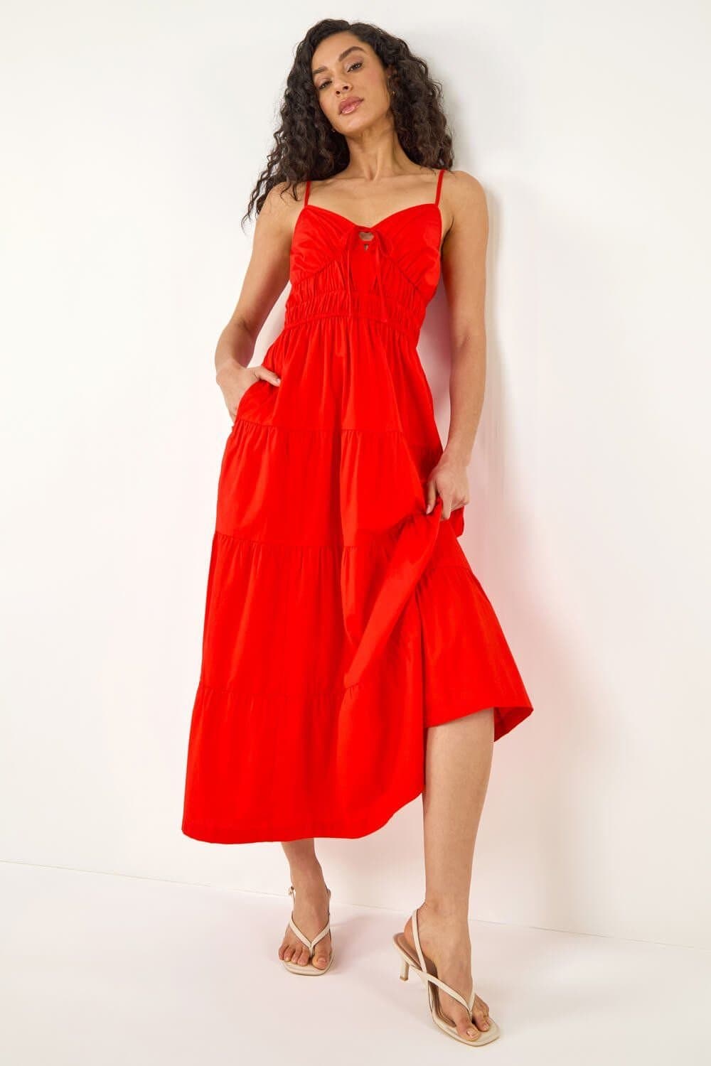 Dusk Dusk Women's Cotton Tiered Maxi Dress in Red