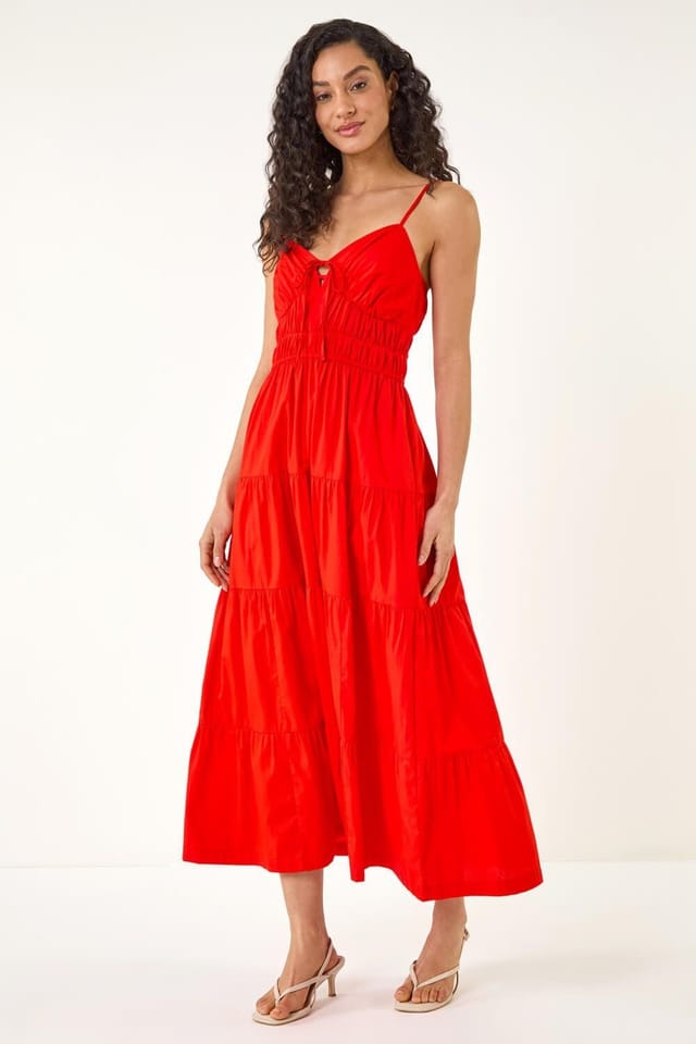 Dusk Dusk Women's Cotton Tiered Maxi Dress in Red - 2