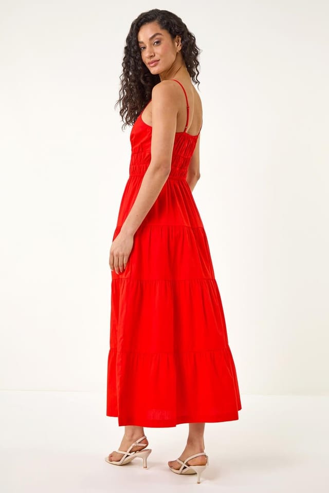 Dusk Dusk Women's Cotton Tiered Maxi Dress in Red - 3
