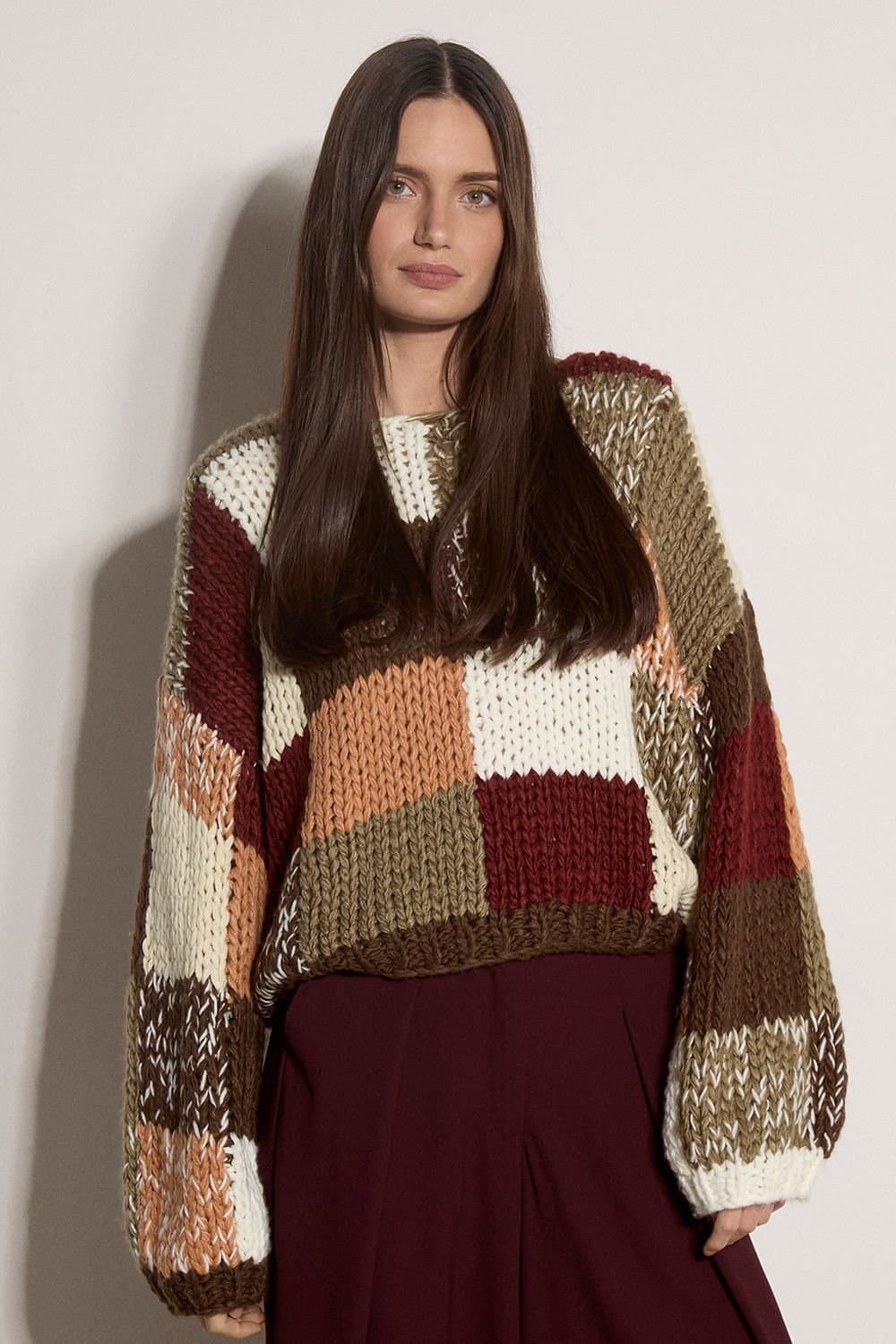 Apricot Apricot Women's Chunky Hand-Crocheted Patchwork Jumper in Brown