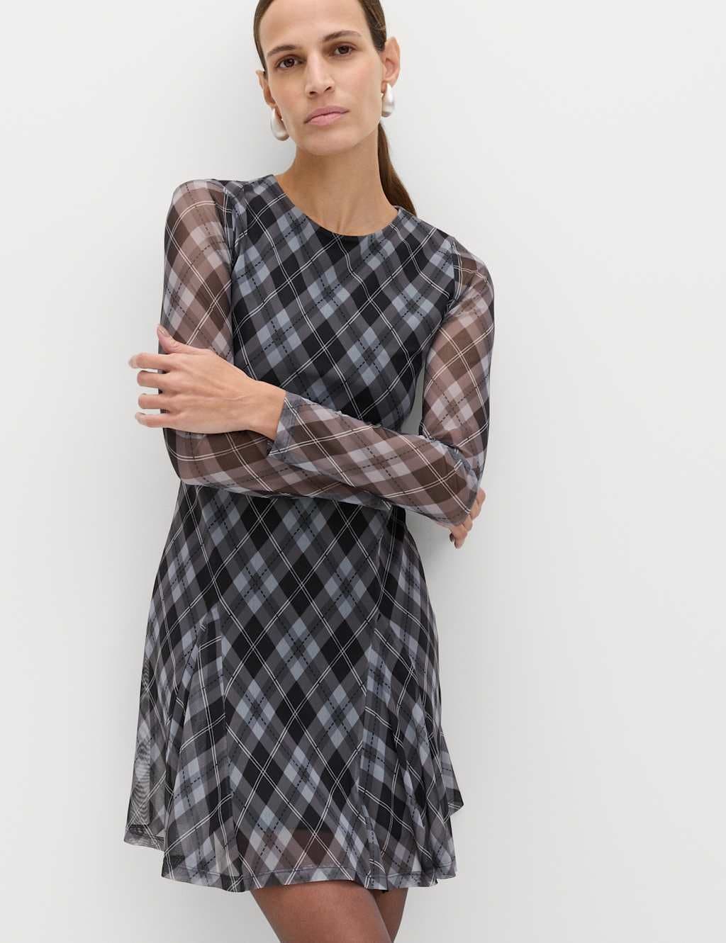 Marks & Spencer M&S Mesh Checked Mini Skater Dress Grey Mix
