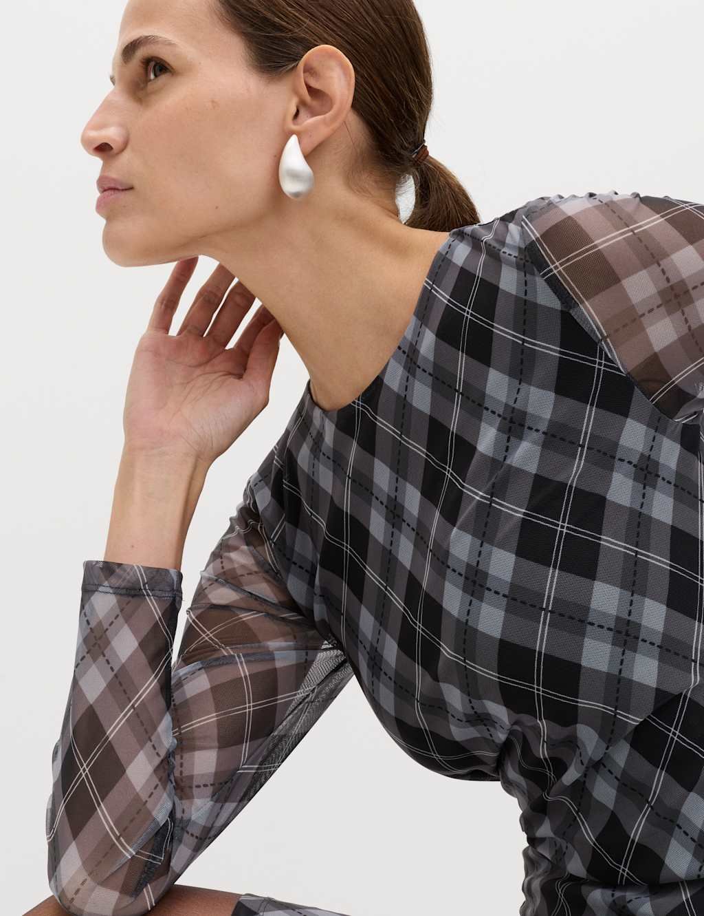 Marks & Spencer M&S Mesh Checked Mini Skater Dress Grey Mix - 2