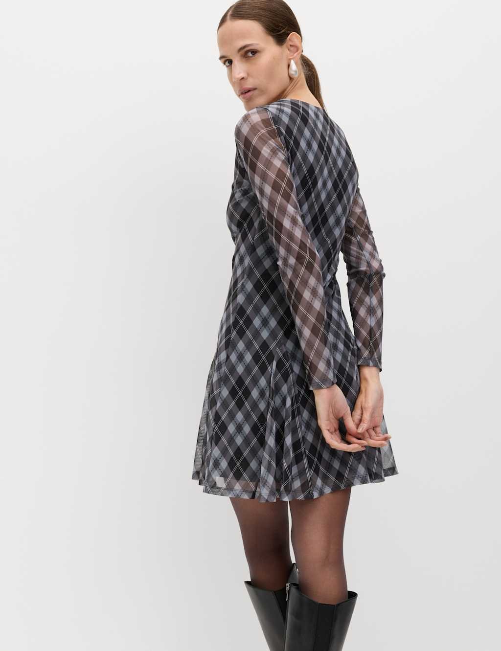 Marks & Spencer M&S Mesh Checked Mini Skater Dress Grey Mix - 3
