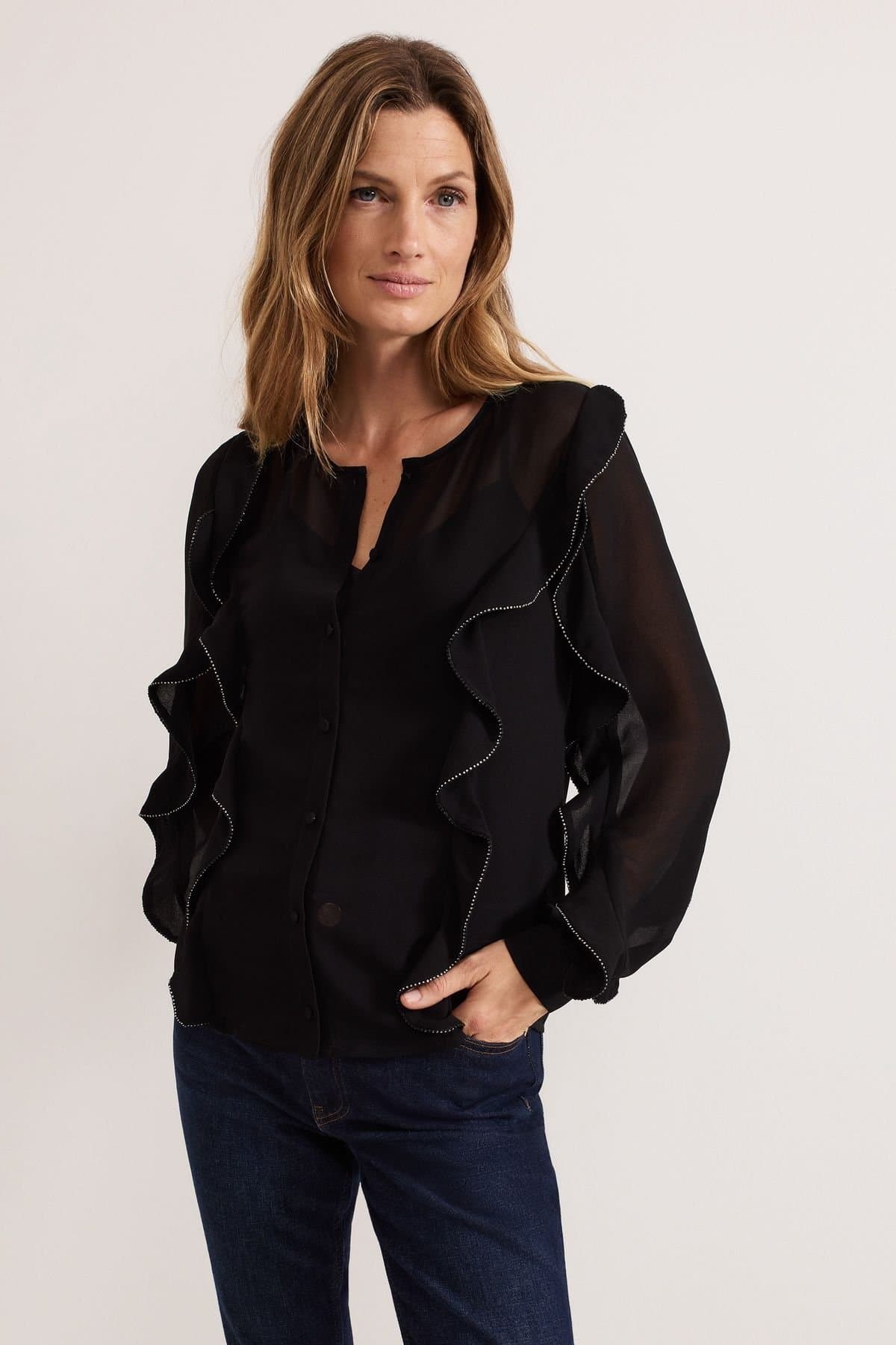 Phase Eight Phase Eight Black Ruffle-Trim Blouse