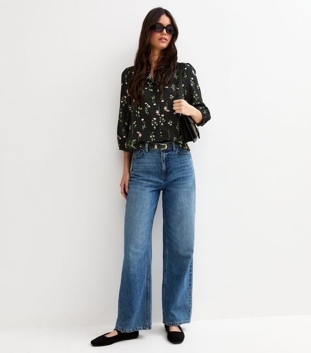 New Look Women's Black Floral Print Crop Sleeve Blouse New Look - 2