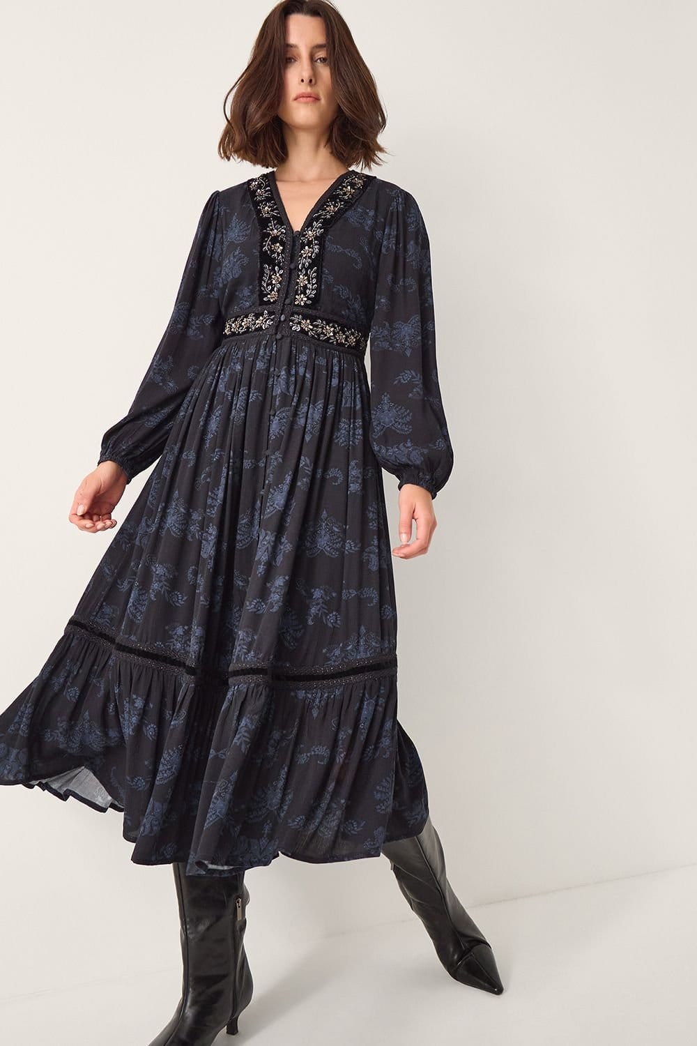 Monsoon Dark Navy Floral Print Embellished Midi Dress