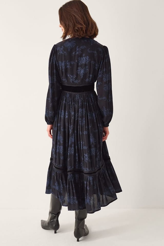 Monsoon Monsoon Women's Kelly Floral Print Embellished Midi Dress Blue in Dark Navy - 2