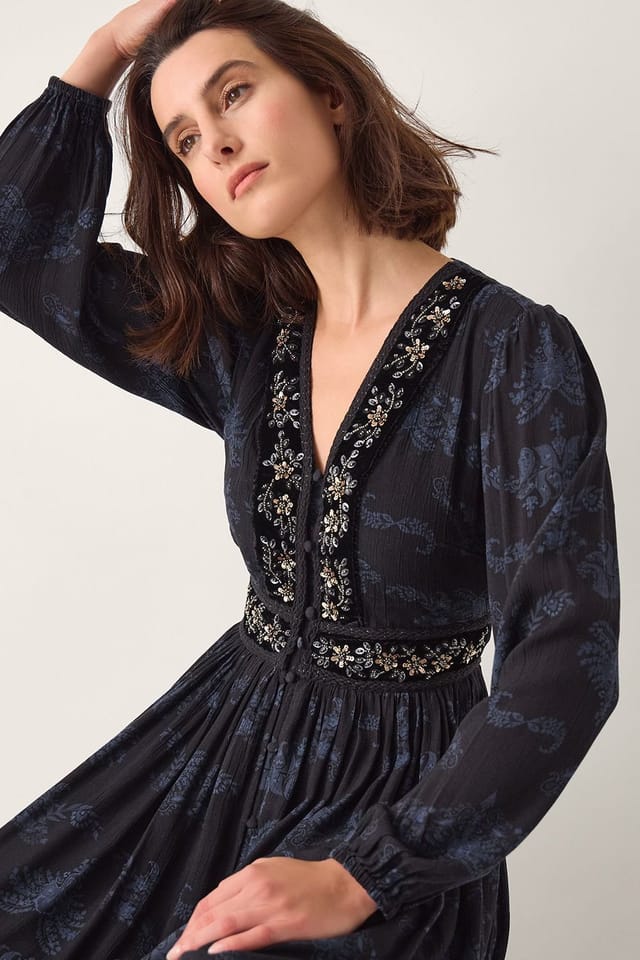 Monsoon Monsoon Women's Kelly Floral Print Embellished Midi Dress Blue in Dark Navy - 3