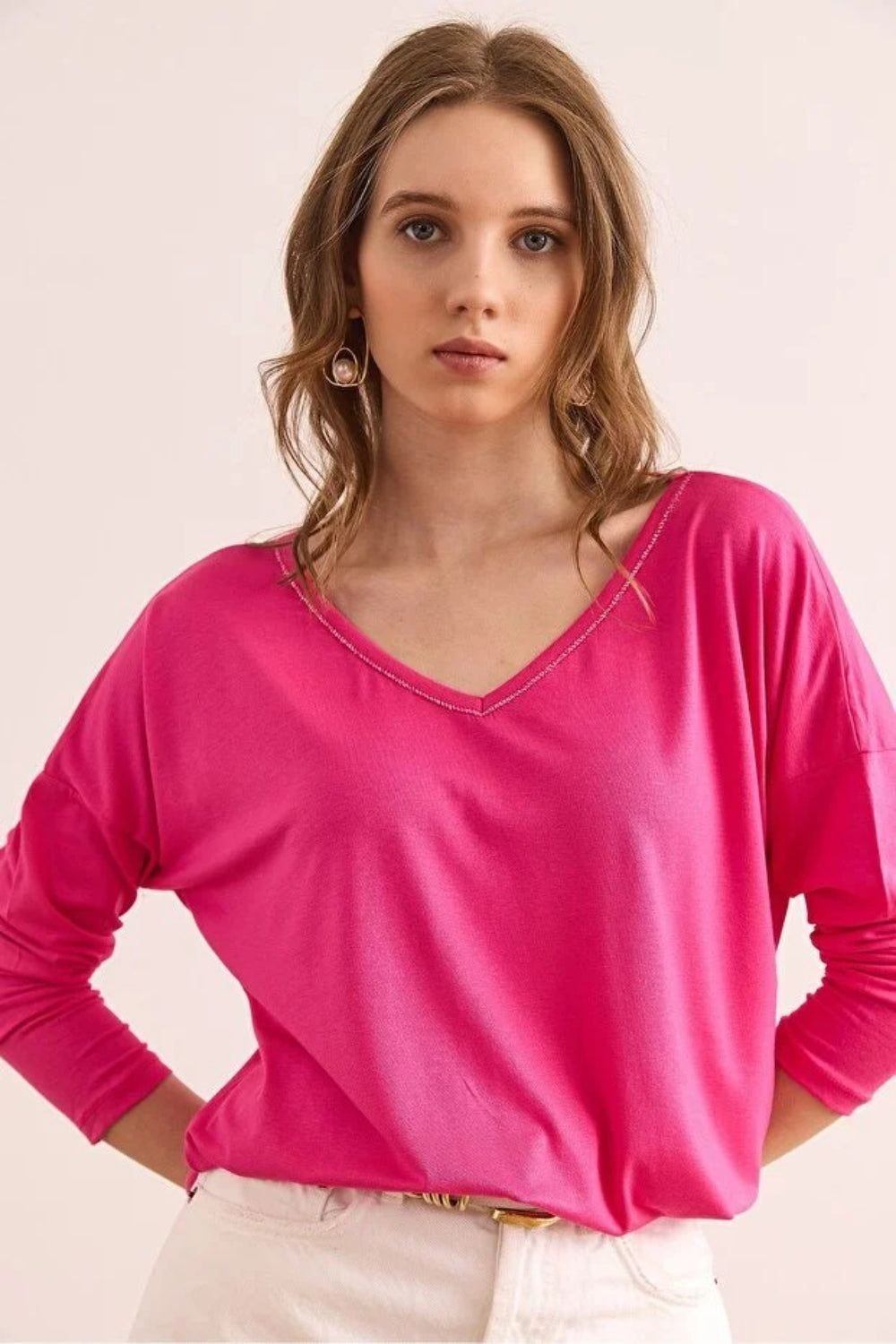 HOXTON GAL HOXTON GAL Women's Regular Fit Casual V-Neck Blouse with Stitch Detail in Fuchsia - 2