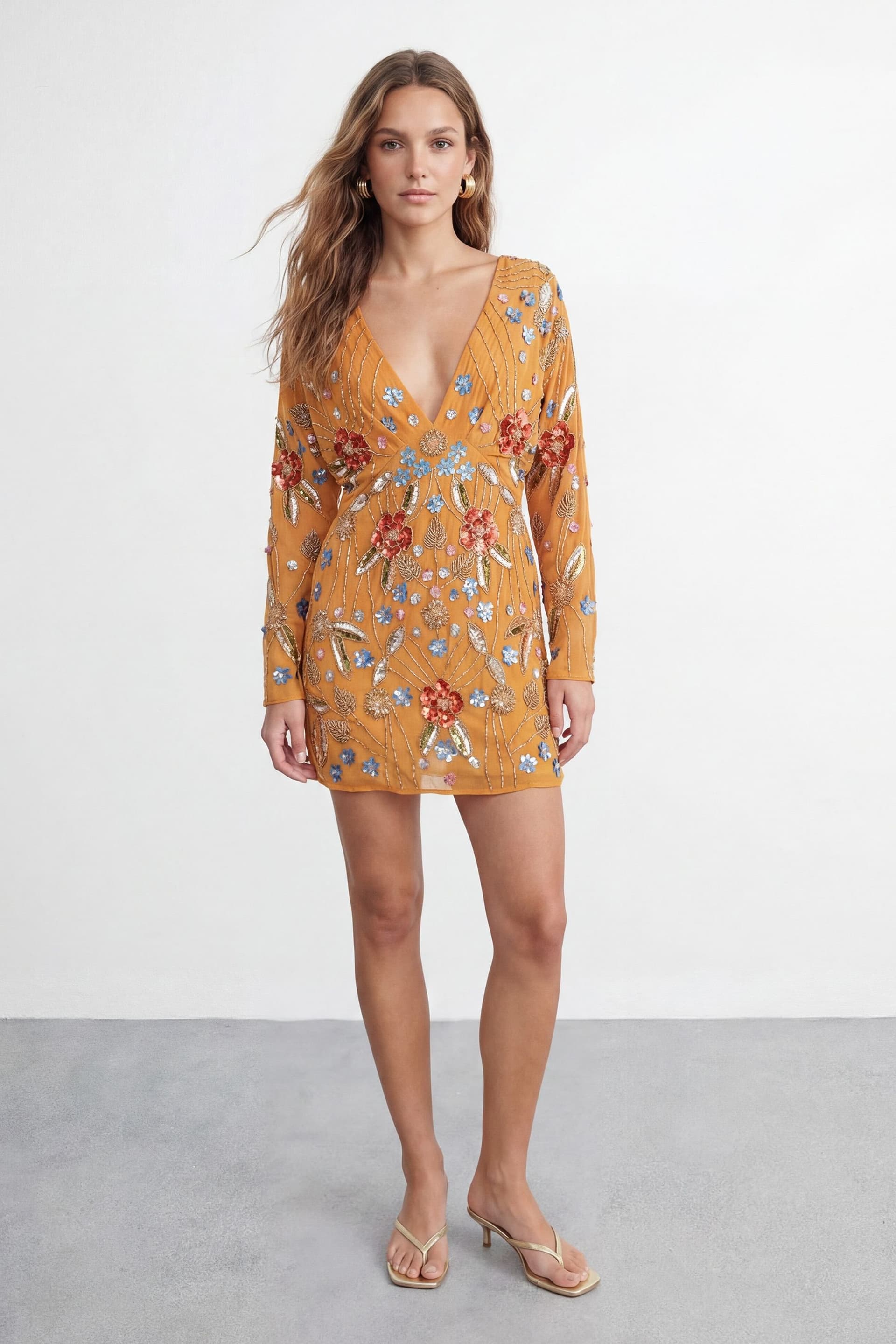 Warehouse Warehouse Women's Premium Hand Embellished Plunge Mini Dress with Kimono Sleeve in Ochre
