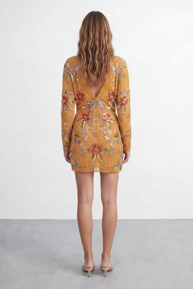 Warehouse Warehouse Women's Premium Hand Embellished Plunge Mini Dress with Kimono Sleeve in Ochre - 2