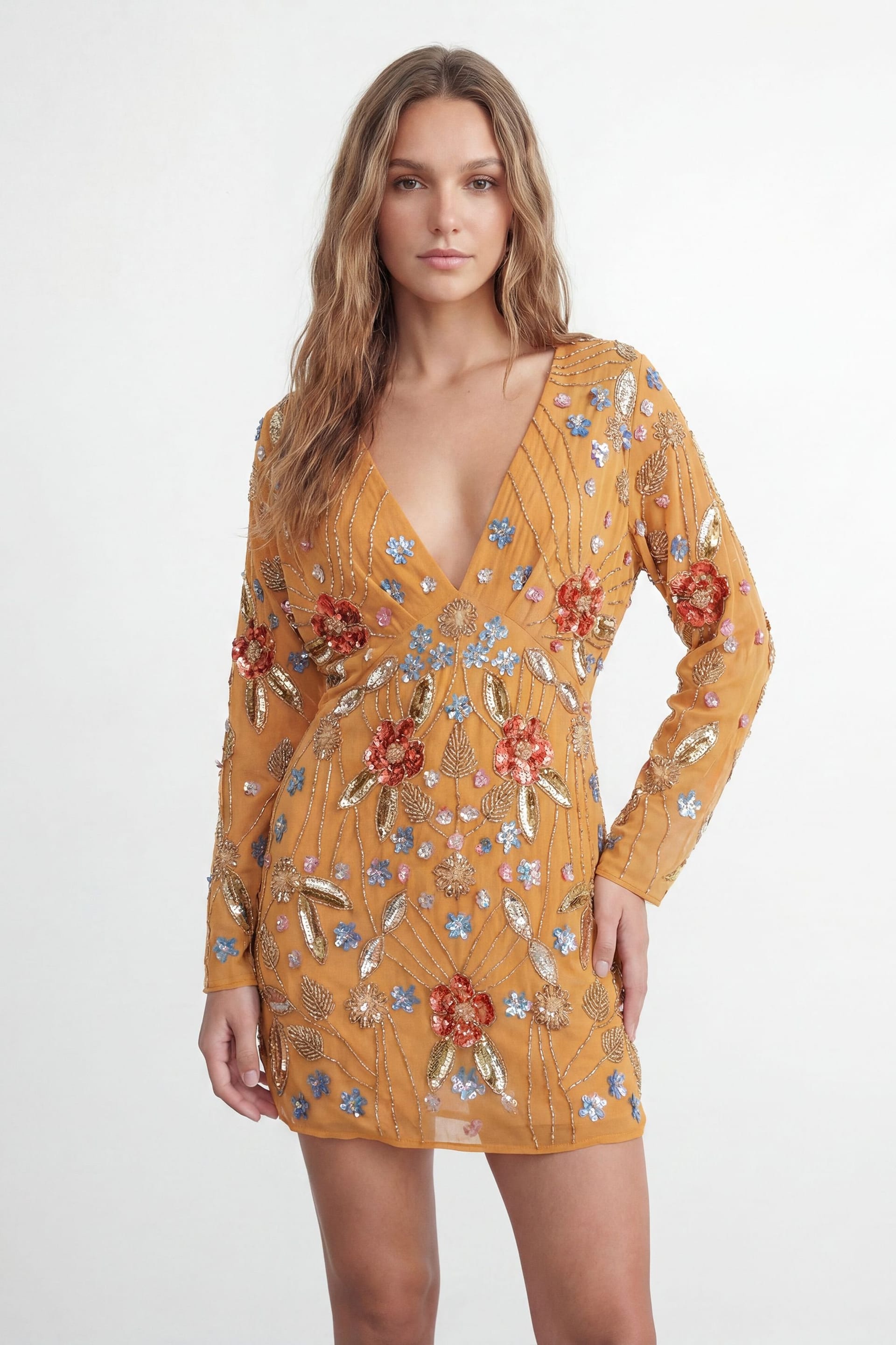 Warehouse Warehouse Women's Premium Hand Embellished Plunge Mini Dress with Kimono Sleeve in Ochre - 4