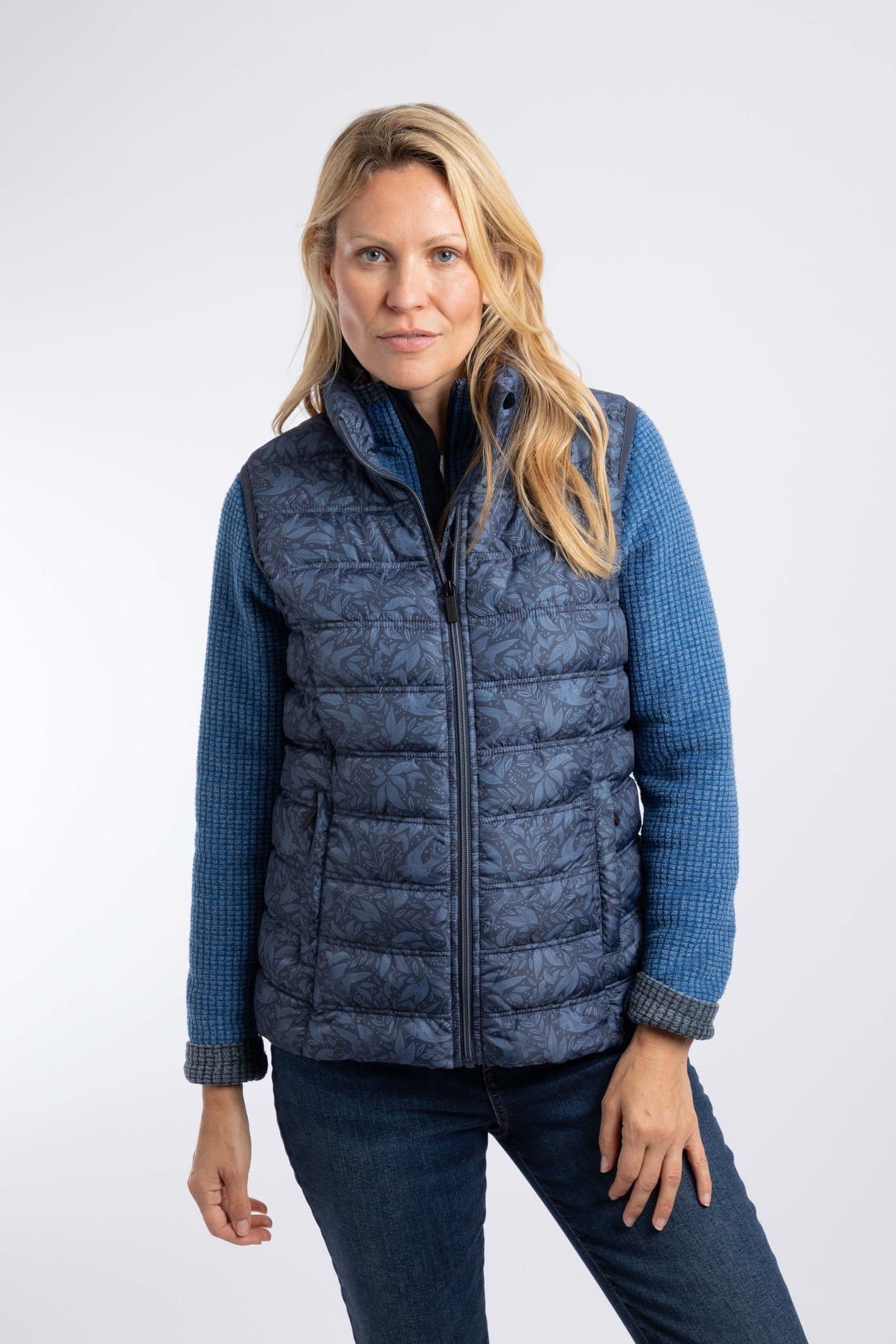 Weird Fish Weird Fish Women's Fima Printed Showerproof Gilet in Mid Navy