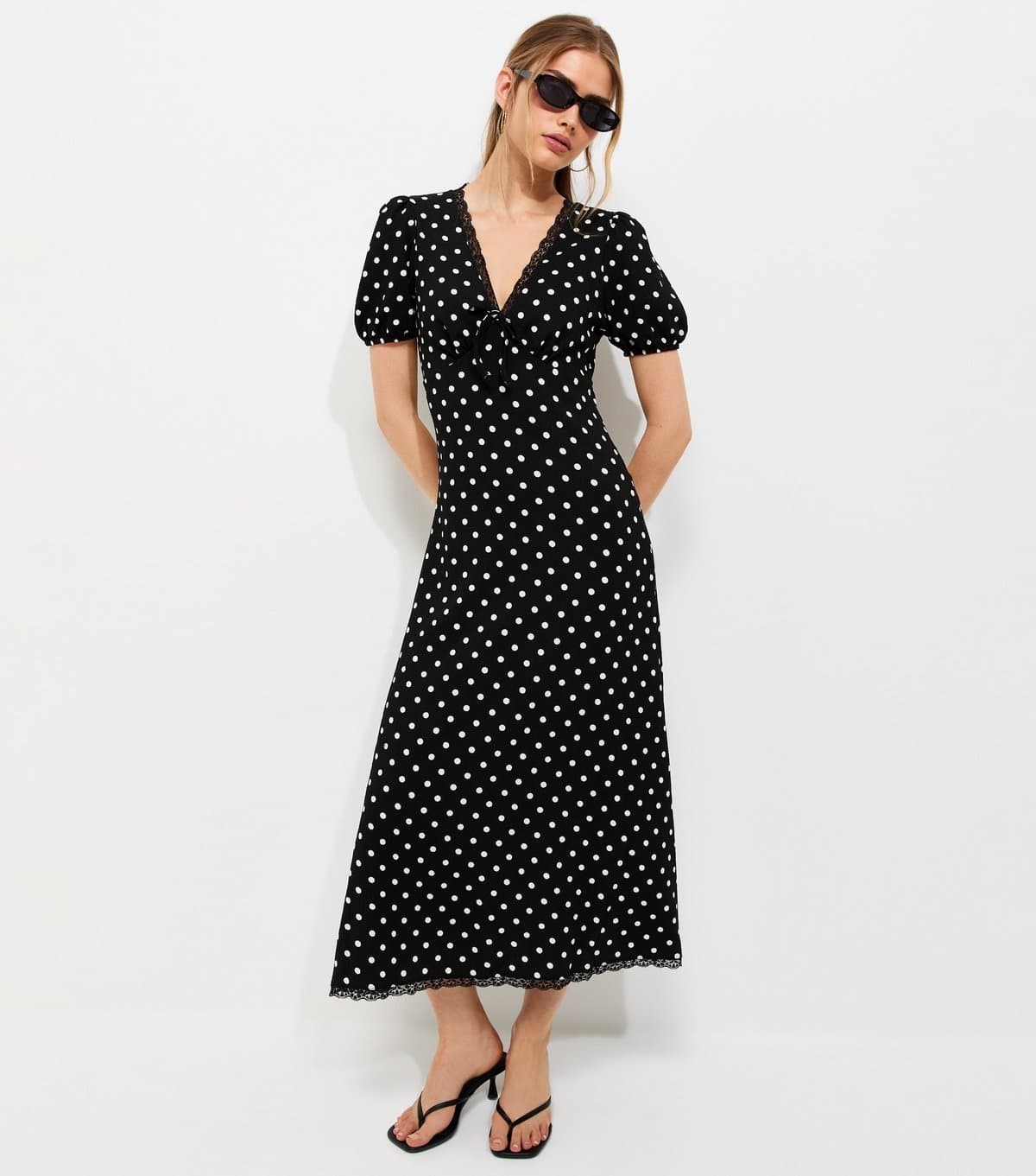 New Look Women's Black Polka Dot Lave Trim Short Sleeve Midi Dress New Look