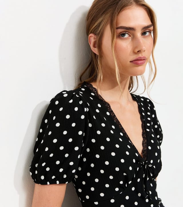 New Look Women's Black Polka Dot Lave Trim Short Sleeve Midi Dress New Look - 2