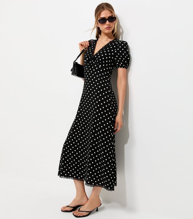 New Look Women's Black Polka Dot Lave Trim Short Sleeve Midi Dress New Look - 3