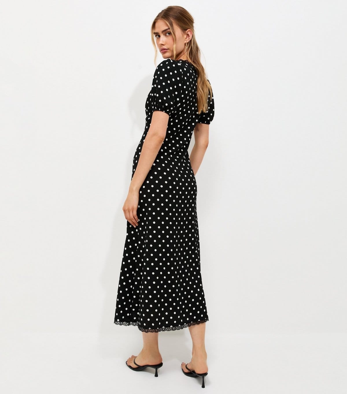 New Look Women's Black Polka Dot Lave Trim Short Sleeve Midi Dress New Look - 4