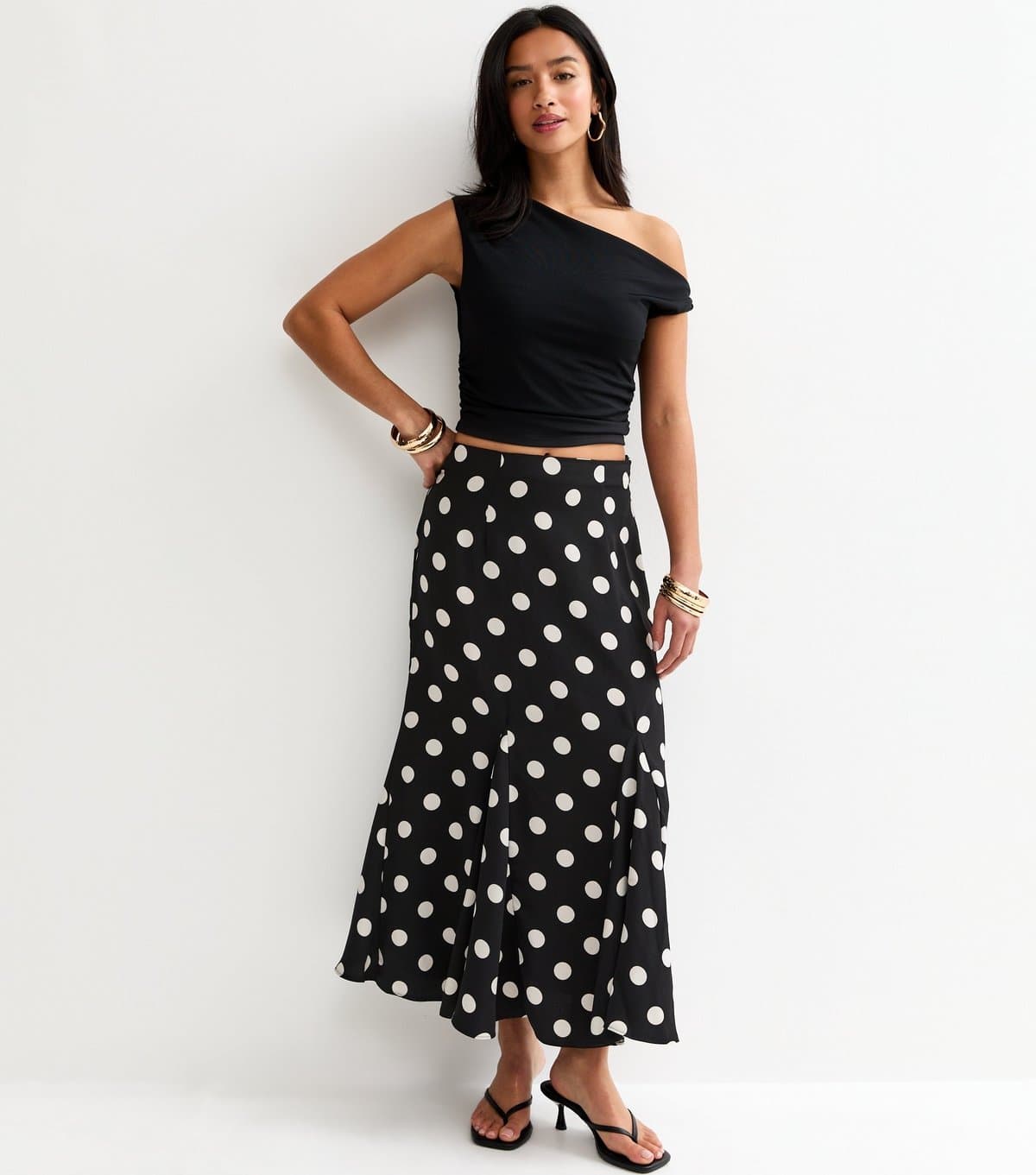 New Look Women's Petite Black Polka Dot Flared Godet Midi Skirt New Look