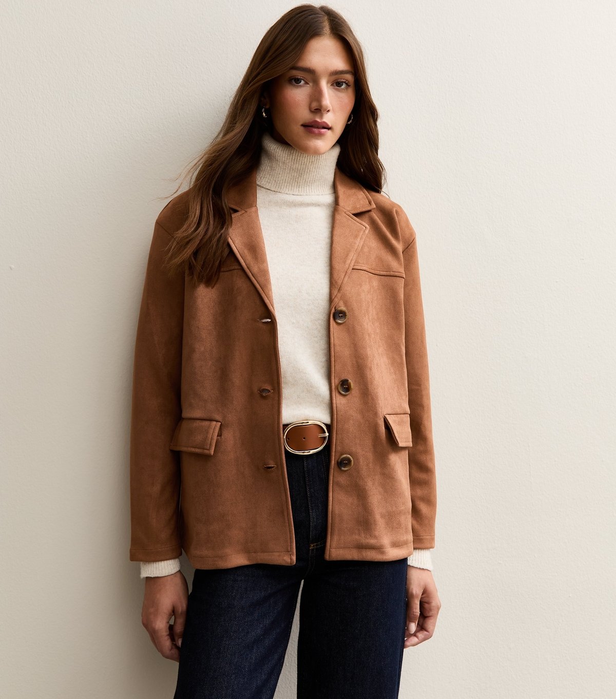 New Look Women's Tan Faux Suede Button Up Jacket New Look - 4