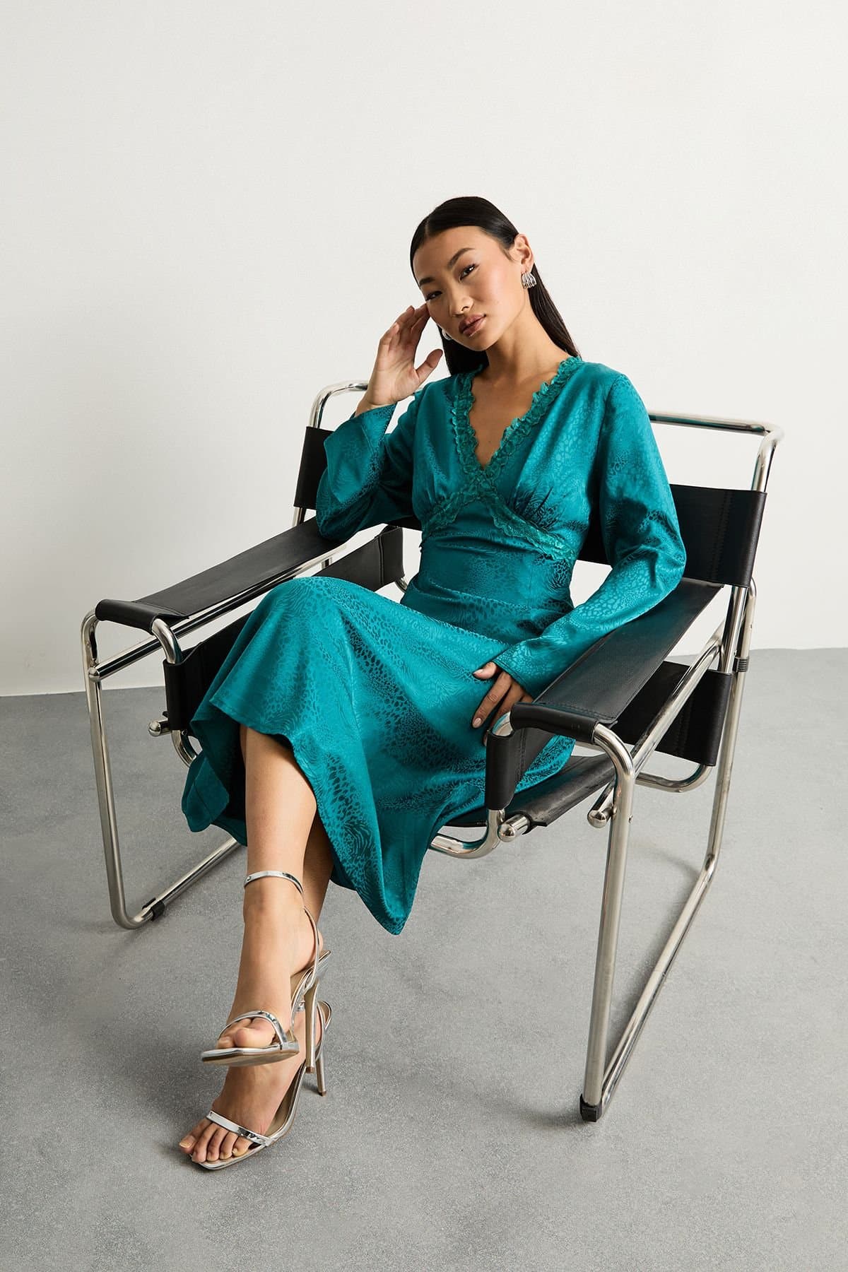Warehouse Warehouse Women's Petite Satin Jacquard Lace Insert Godet Midi Dress in Teal