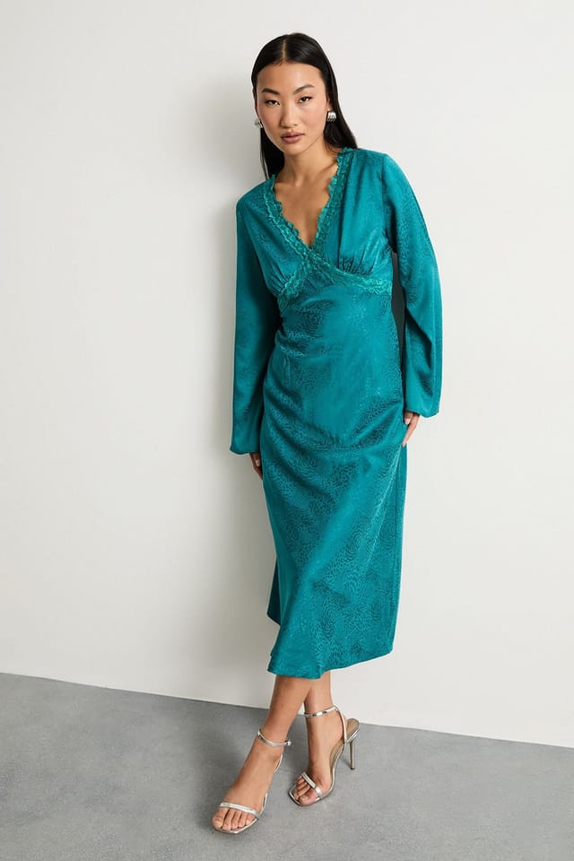 Warehouse Warehouse Women's Petite Satin Jacquard Lace Insert Godet Midi Dress in Teal - 2
