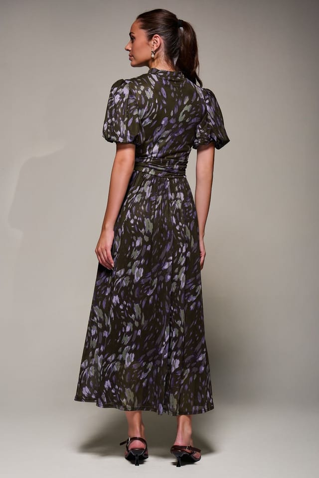 Jolie Moi Jolie Moi Women's Puffy Sleeve Printed Mesh Maxi Dress in Dark Green - 2