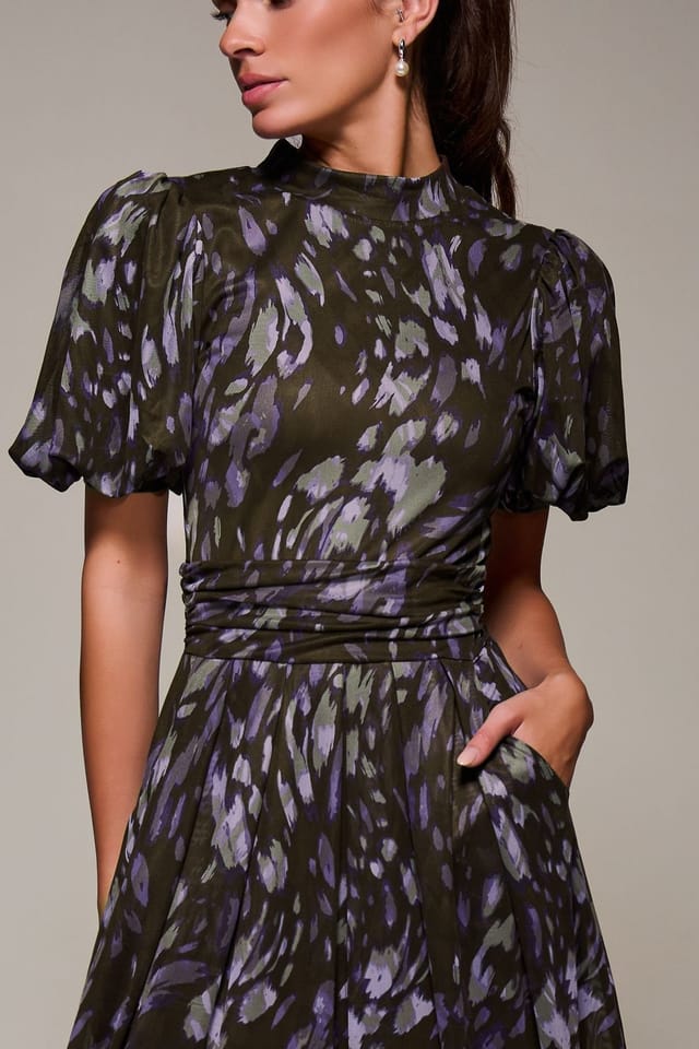 Jolie Moi Jolie Moi Women's Puffy Sleeve Printed Mesh Maxi Dress in Dark Green - 3