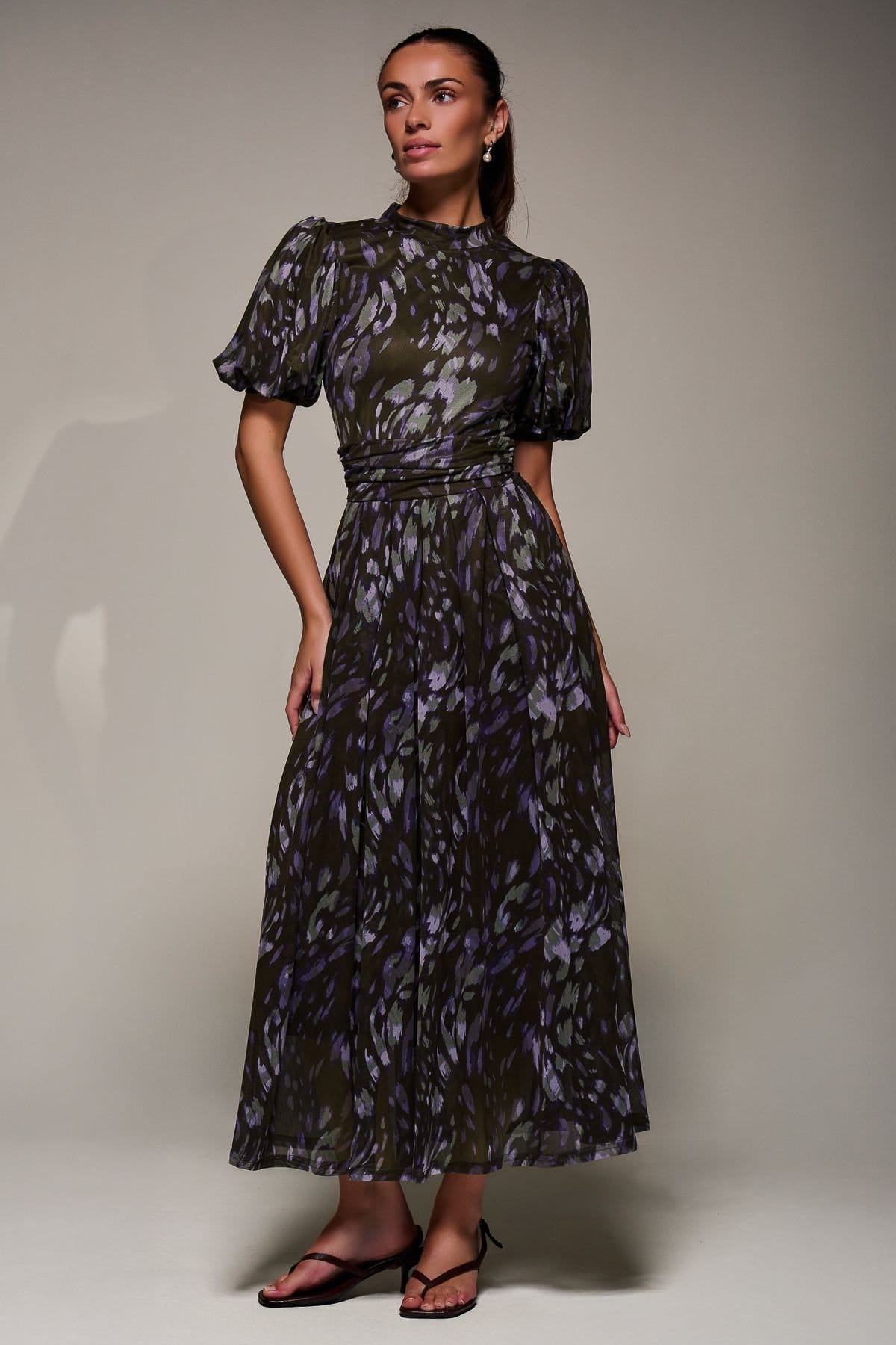 Jolie Moi Jolie Moi Women's Puffy Sleeve Printed Mesh Maxi Dress in Dark Green - 4