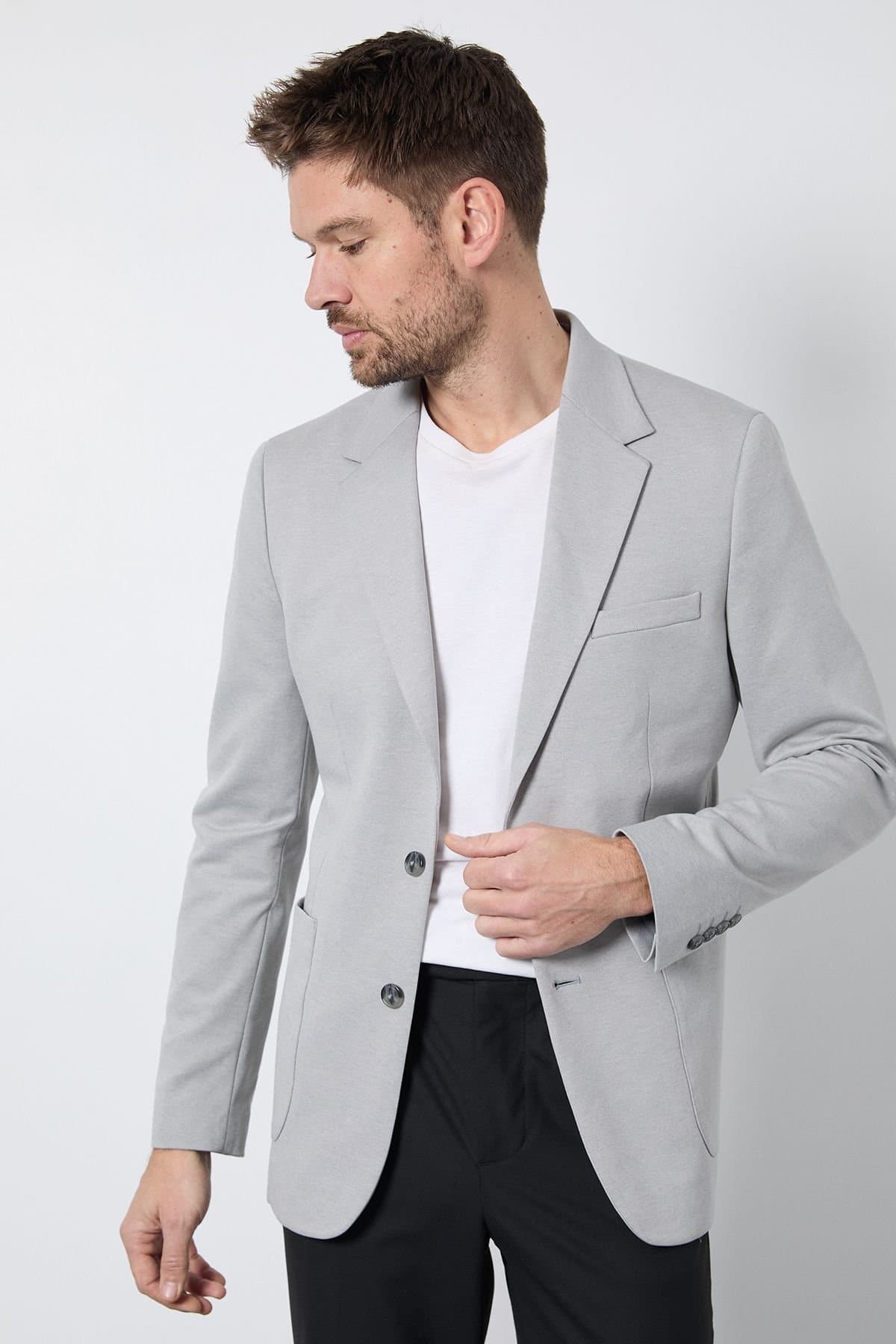 Burton Burton Men's Light Grey Jersey Patch Pocket Slim Fit Blazer