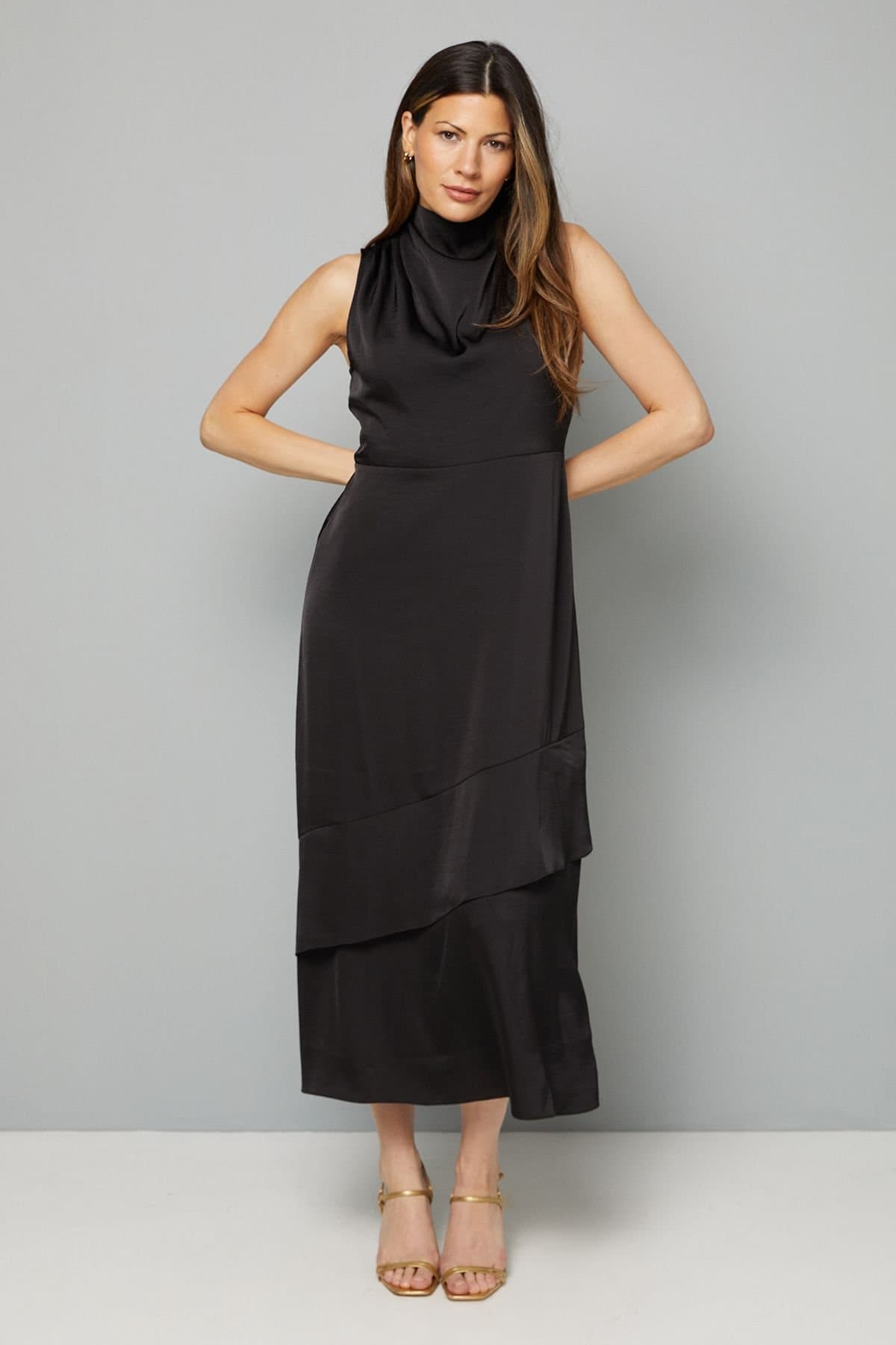 Wallis Wallis Women's Satin Asymmetric Pleat Detail Midi Dress in Black